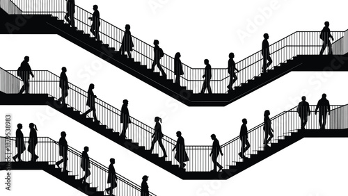 Staircase silhouette with walking people, zigzag layout, urban movement illustration for daily activity, public space, progress, transition, design