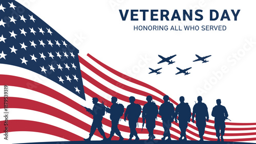 Veterans Day illustration with American flag, soldier silhouettes, military aircraft, patriotic tribute for honor, service, celebration, remembrance, design