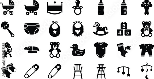Black silhouette icons set depicting essential baby care items, nursery objects, and various children's toys.