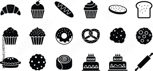 A comprehensive collection of black flat icons representing various bakery products and desserts
