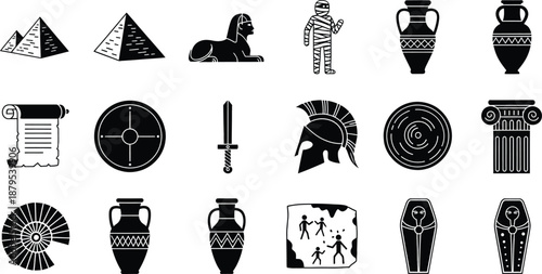 Historical icons collection showcasing ancient egypt and greek civilization symbols