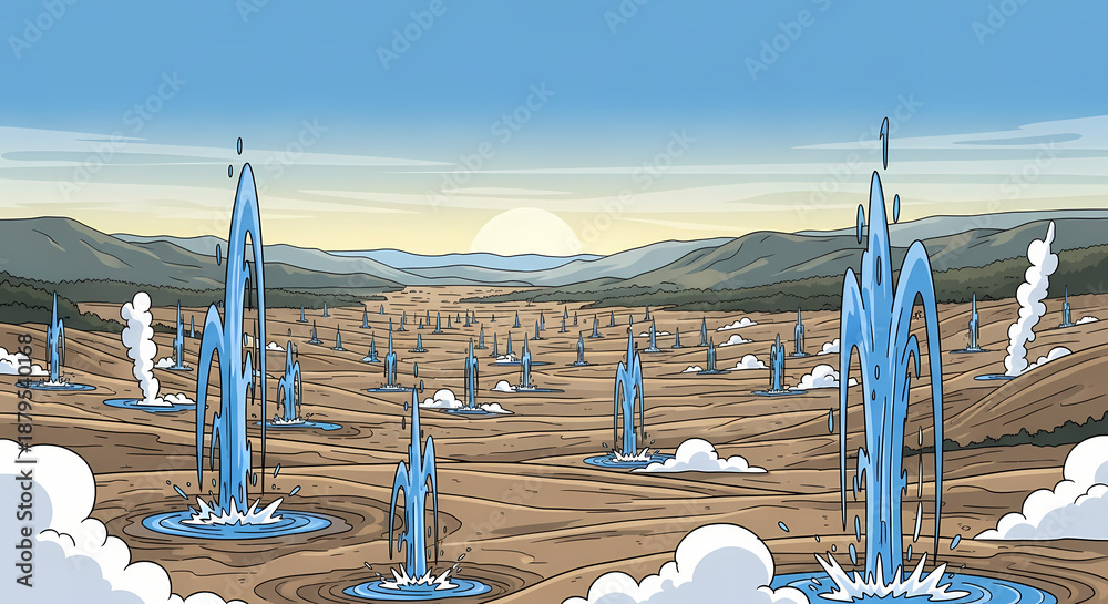 Obraz premium Geysers Erupting in Desert Landscape.
