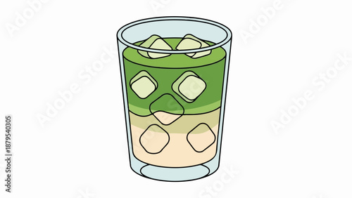 Refreshing layered drink with ice cubes in a clear glass