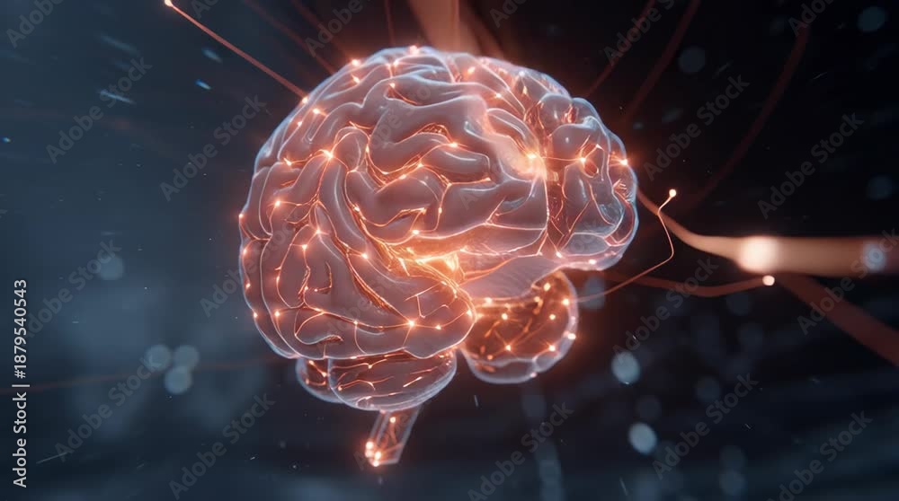 custom made wallpaper toronto digitalA glowing digital illustration of a human brain with orange lights and connections on a dark background.