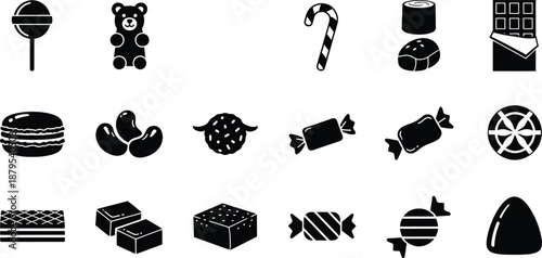 A comprehensive set of black silhouette icons representing various popular candies and sweet treats