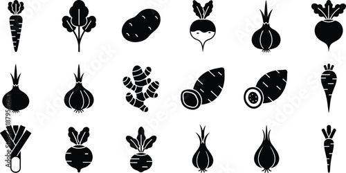 A collection of black silhouette icons representing common root vegetables and underground crops