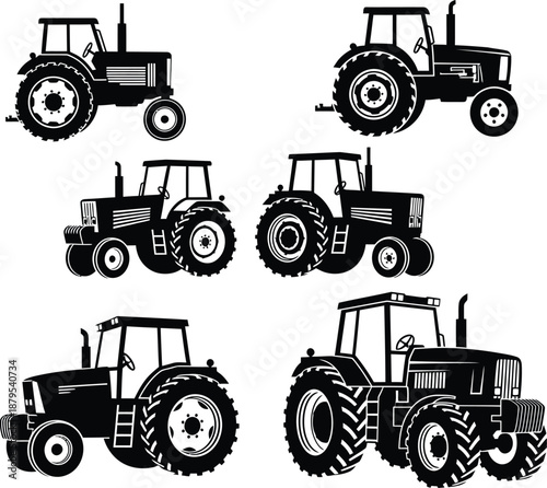 Heavy duty agricultural tractor silhouette set isolated on white background for farming and industrial design