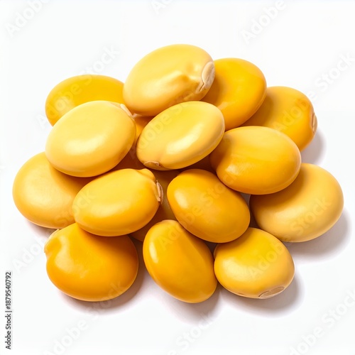 Pile of vibrant yellow lupini beans presented against a crisp white backdrop