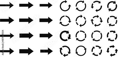 Arrow and circular rotation icon set in black silhouette style, navigation direction symbols, reload refresh loop arrows collection