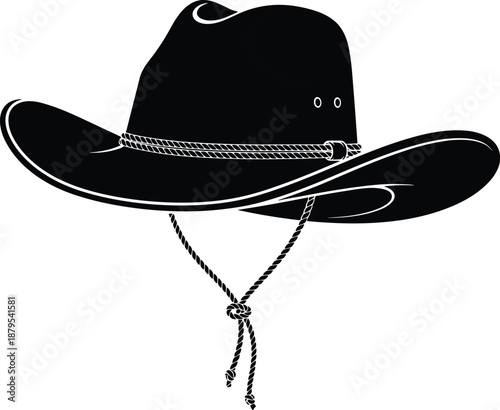 Black cowboy hat silhouette with rope chin strap, western headwear icon illustration for ranch, rodeo, country fashion, and vintage design concepts