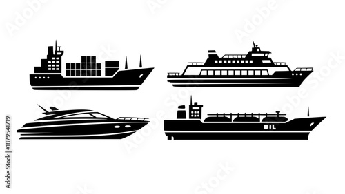 Transport and logistics collection featuring global shipping icons including cargo ships oil tankers passenger ferries and luxury yachts.