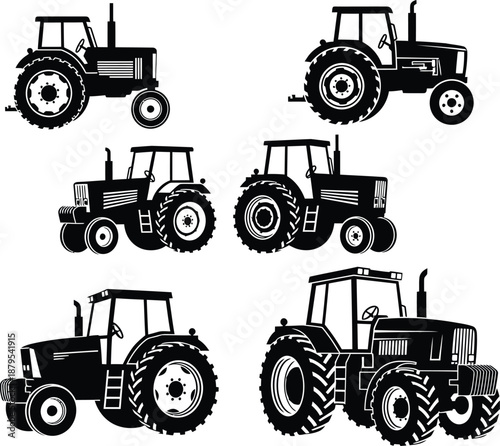 Heavy duty agricultural tractor machinery silhouette collection on white background
