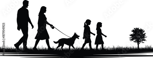 Silhouette of family walking with dog in grassy outdoor setting, emphasizing nature, togetherness, leisure, and peaceful lifestyle bonding