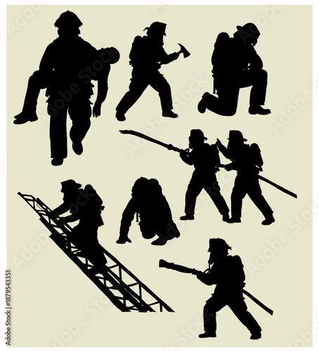 Firefighter Silhouette Set in Action Poses, Fireman Emergency Rescue Vector Illustration
