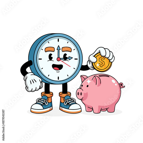 A cartoon clock mascot in sneakers standing with a piggy bank and saving money