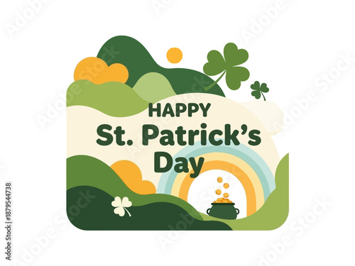 Festive St. Patrick's Day illustration with shamrocks, rainbow, and pot of gold on green hills for joyous celebrations