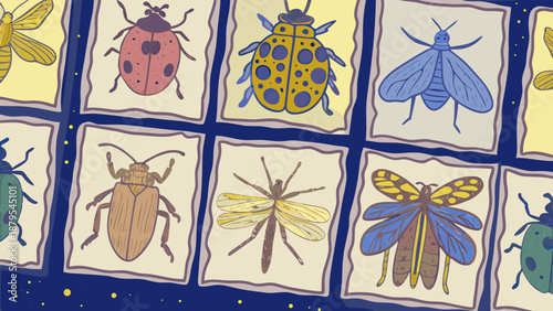 Colorful illustration of various insects on polaroid photos