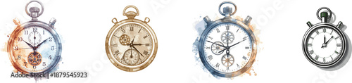 Watercolor set mechanical stopwatch vector line icon. Isolated on white background 