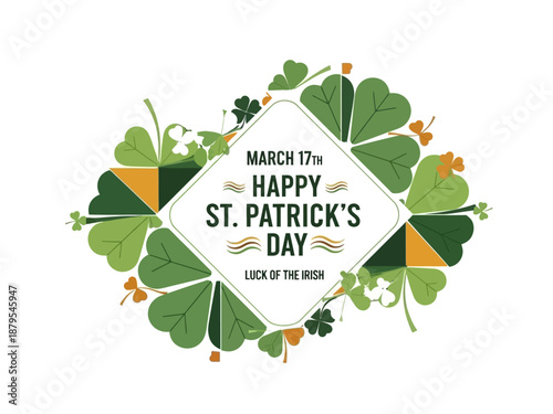 St. Patrick's Day festive graphic with shamrocks and clovers, celebrating Irish heritage and luck. Perfect for holiday wishes and good fortune