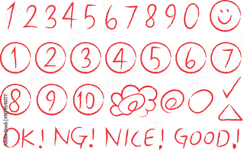 A hand drawn illustration of numbers and checkmarks with various emoticon faces on a white background