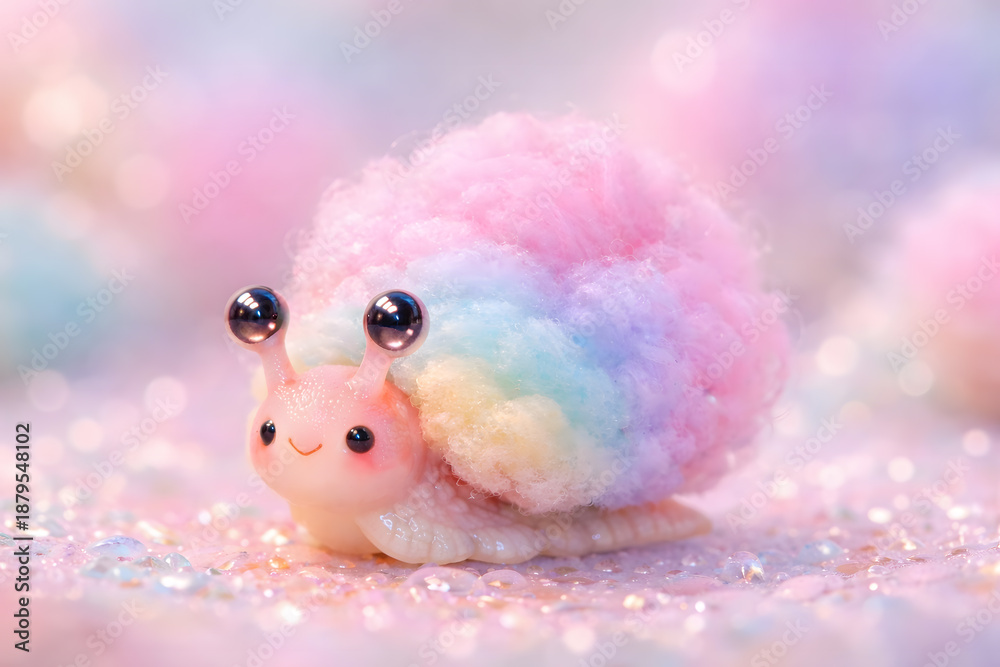 Fototapeta premium Cute Pastel Rainbow Pom Pom Snail Figurine on Glitter Background