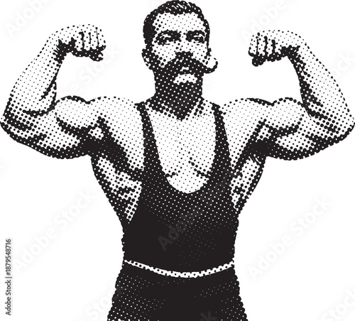 Vintage Strongman Flexing Biceps, Retro Halftone Silhouette Vector Illustration
