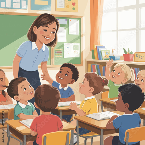 Teacher teaching young students with care in classroom vector