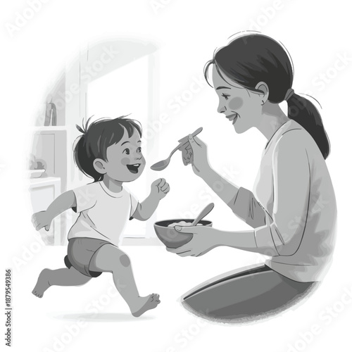 Mother holding and feeding her baby flat vector