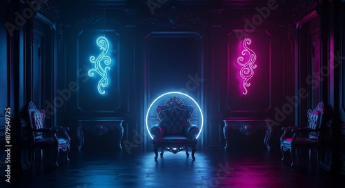 Empty Throne Room with Neon Lights and Ornate Decorations.