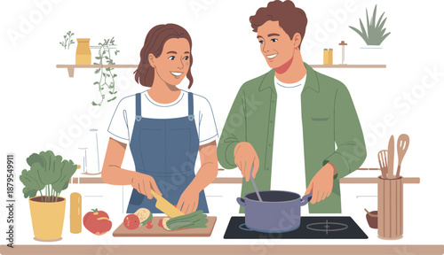 Couple Cooking Together in a Bright Kitchen woman