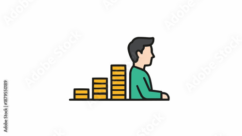 Man Standing Next to Stacks of Coins.