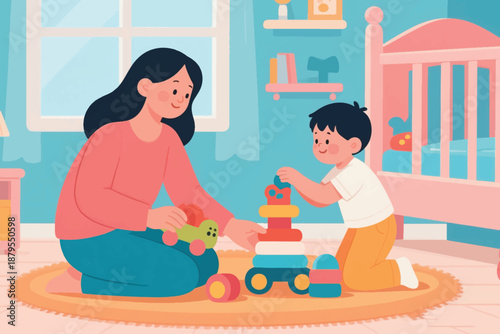 Illustration Of A Child Playing With Toy Cars That Are Arranged, And Accompanied By His Mother Vector Design Template