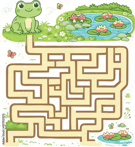 Colorful vector maze puzzle with a cute frog. Help the frog find the way to the pond with water lilies. Fun educational activity for kids, preschool learning, games and worksheets.
