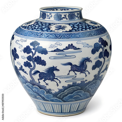 A close-up photograph of an antique Ming dynasty style blue and white porcelain vase, decorated with hand-painted motifs of eight horses frolicking amidst waves and clouds.
