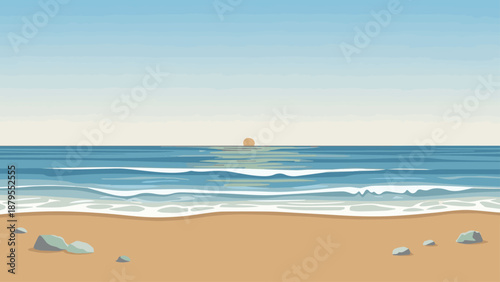 A tropical lighthouse stands on the sandy beach overlooking a turquoise Caribbean sea under a blue summer sky with waves hitting the island coast at the horizon