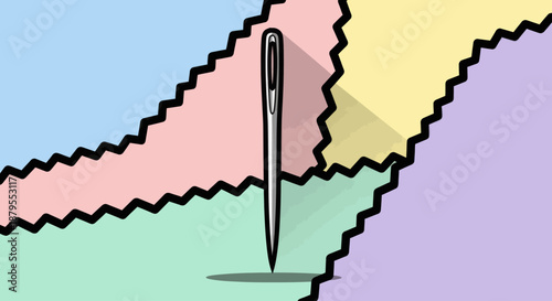Sewing needle on a colorful background of zigzag fabric pieces