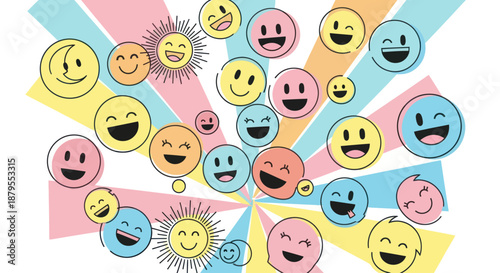 A vibrant illustration of many happy emoji faces on a colorful ray background.