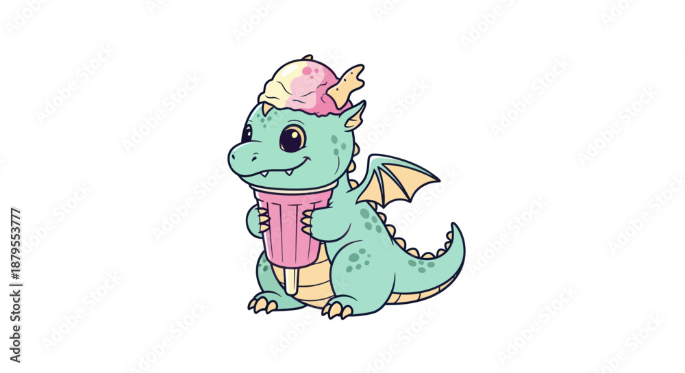 Obraz premium Cute baby dragon holding an ice cream cone.