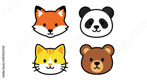 Set of four cute cartoon animal faces: fox, panda, cat, and bear
