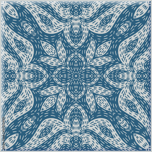 Elegant seamless floral pattern with hand-drawn textures in deep blue and light blue shades, creating a calm and decorative surface design for tiles, textiles and wallpapers.