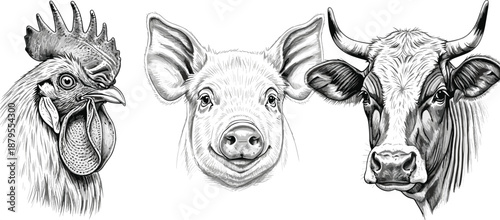 Farm animal portraits, detailed black and white illustrations of rooster, pig and cow heads, rustic livestock drawings for agriculture and vintage design