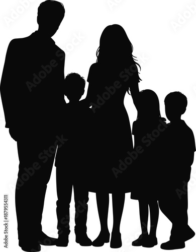 Silhouette of a Family with Four Children Standing Together on a White Background parents mother