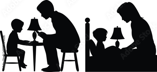 Silhouette of a father reading to his child at a table and a mother reading to her child in bed book