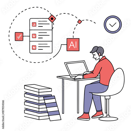 Man working on laptop with ai integration for efficient task management and data processing. An illustration depicting a man diligently working on a laptop at a desk. Above him, a conceptual diagram