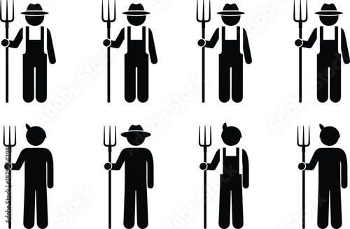 Farmer icon set holding pitchfork, agriculture worker silhouettes for farming, rural life, countryside labor, agricultural profession, simple vector illustration