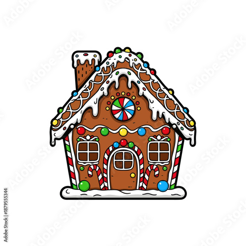 Decorative gingerbread house with icing and candy on white background.