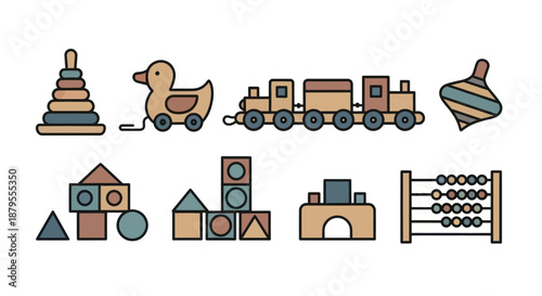 Collection of colorful retro wooden toys on a white background