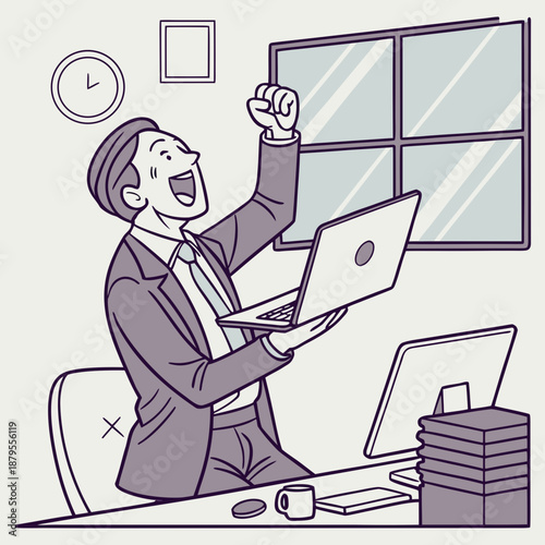 A successful businessman celebrates a major achievement with his laptop in a modern office. This illustration depicts an overjoyed businessman, dressed in a professional suit and tie, sitting at an