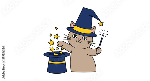 Cute cat wizard conjuring stars from a hat with a wand.