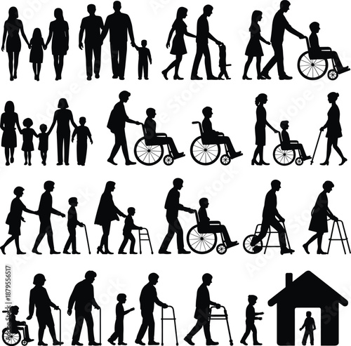 Silhouettes of families with children and elderly people with mobility aids and in wheelchairs on a white background